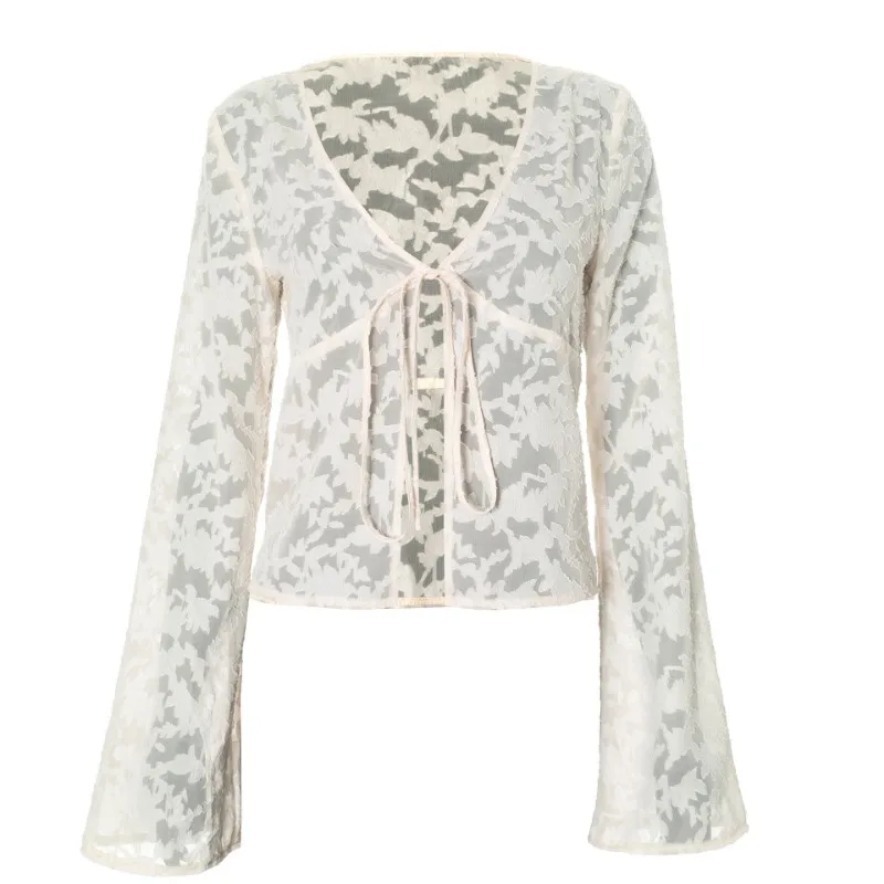 Lace Printed See-Through T-shirt Cardigan Top Female Lace-Up Patchwork Sexy Cropped Y2k Top Tee Women's Bandage Top