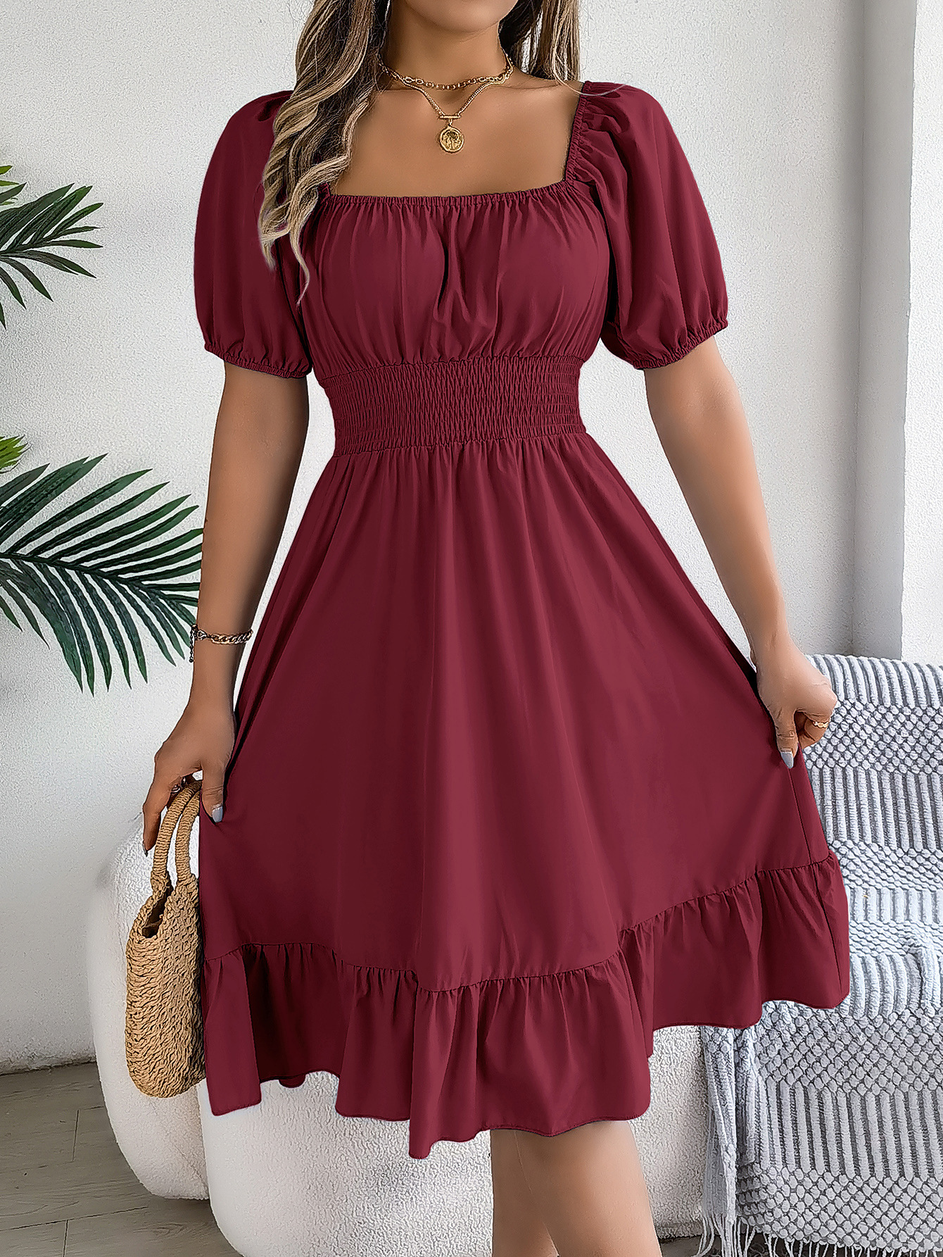 Spring Summer Casual Square Collar Short Sleeve Waist Trimming Ruffles A line Dress Women Clothing