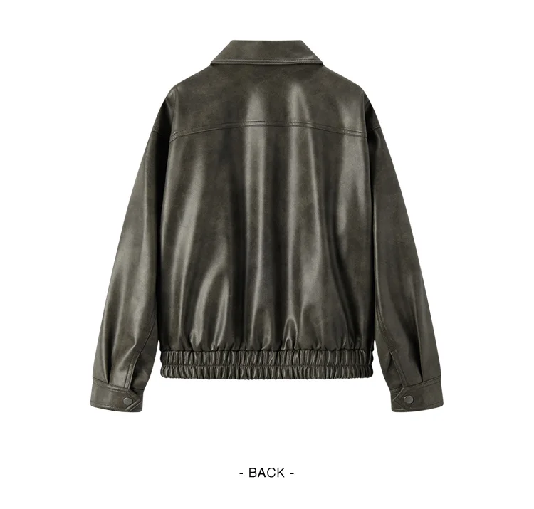 Coat Women Collar Loose Cool Style High Street Autumn New Retro Textured Cool PU Leather Jacket