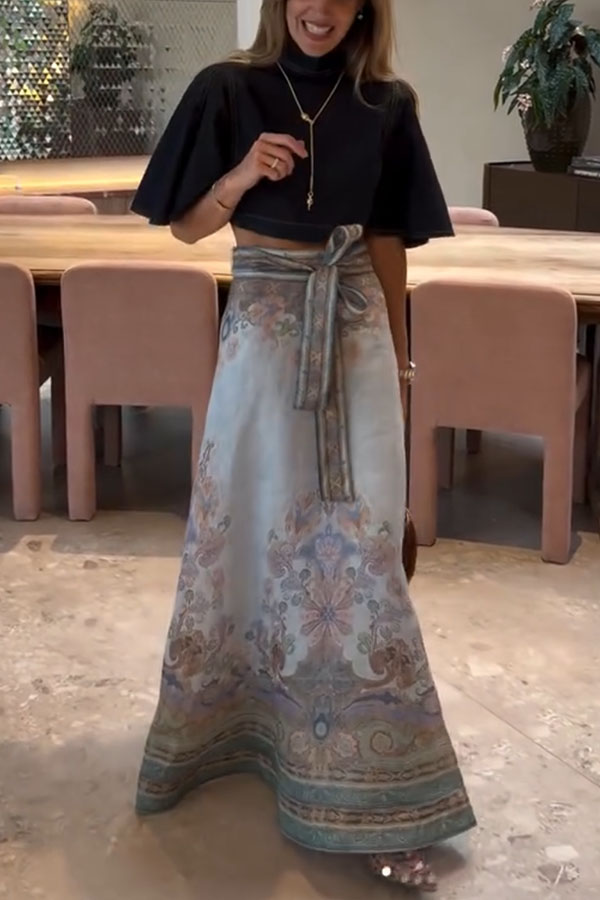 Next Vacation Linen Blend Paisley Print High Rise Tie-up Waist Maxi Skirt