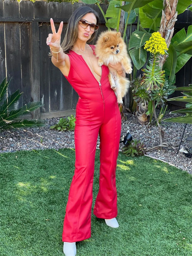 PU Leather Backless Jumpsuit Women 2025 Casual Wide Leg Jumpsuit Overalls For Women Skinny Streetwear Hot Faux Jumpsuit