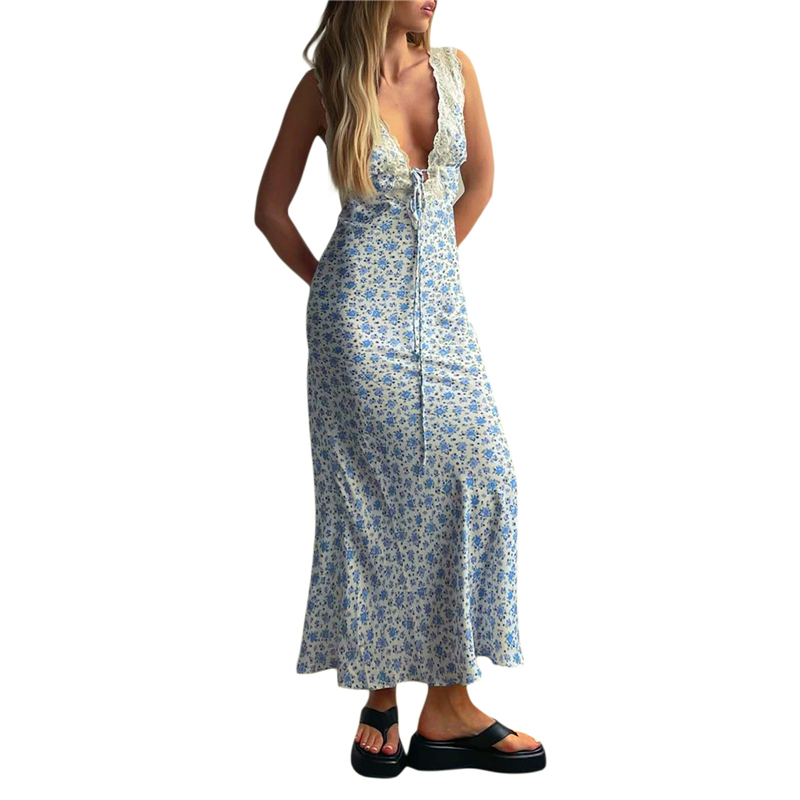 Lace Trim Dress for Women Floral Print V Neck Sleeveless Bodycon Dress Sexy Backless Cocktail Party Dresses y2k Clothes