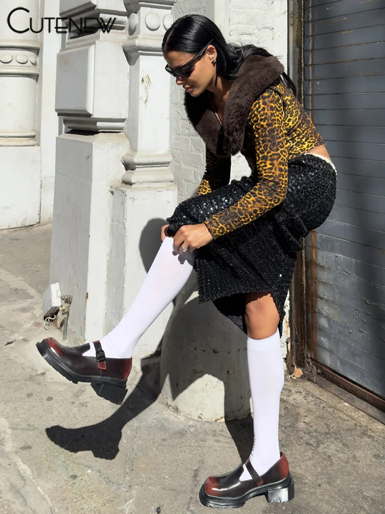 Feather Patchwork Women Tops Warmth New Leopard Printed Full Sleeve Bandage V-neck Slim Crop Tees Female Attactive Wear