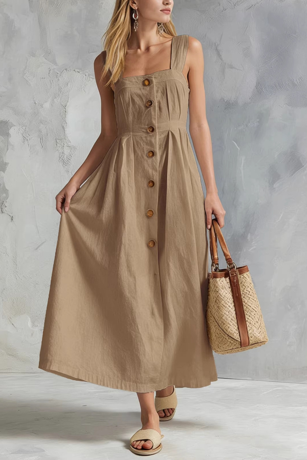 Linen Blend Solid Color Square Neck Sleeveless Button Casual Maxi Dress