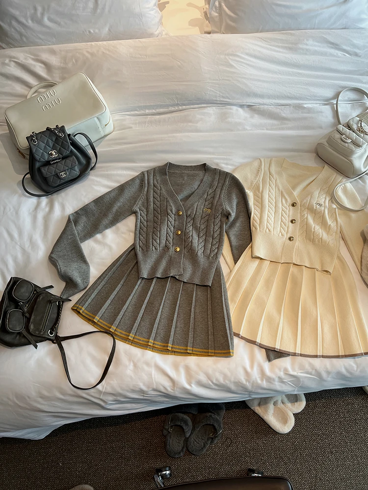 Autumn Knitted Two Piece Skirt Set Women Long Sleeve Single Breasted V-neck Top Mini Pleated Skirt Korean Chic Female Outfit New