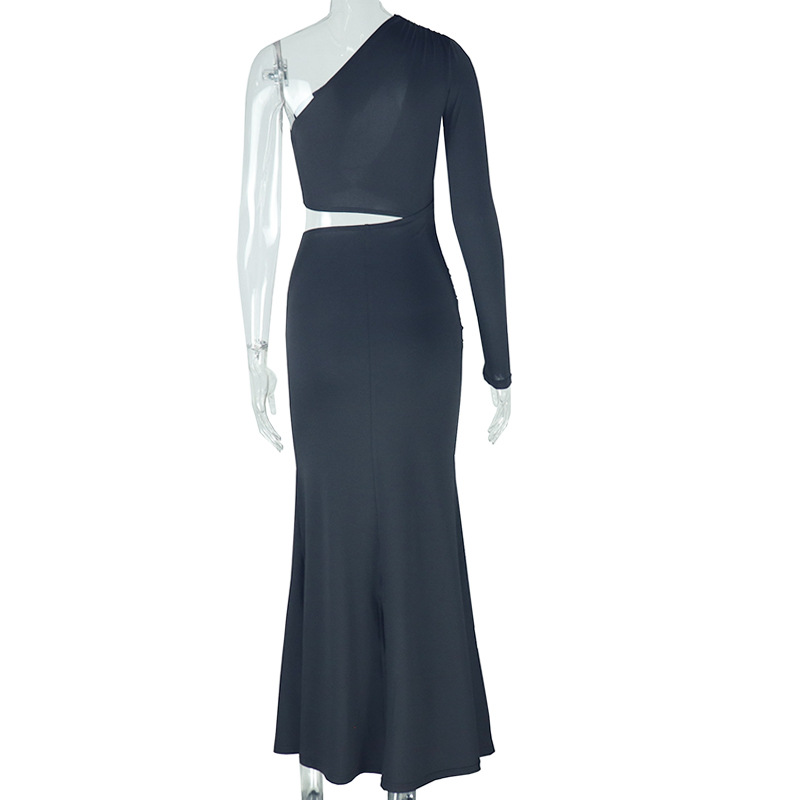 Women Solid Color Hollow Out Cutout out Bare Cropped Slim Fit Hip Dress Asymmetric One Shoulder Split Sleeve Diagonal Collar Dress