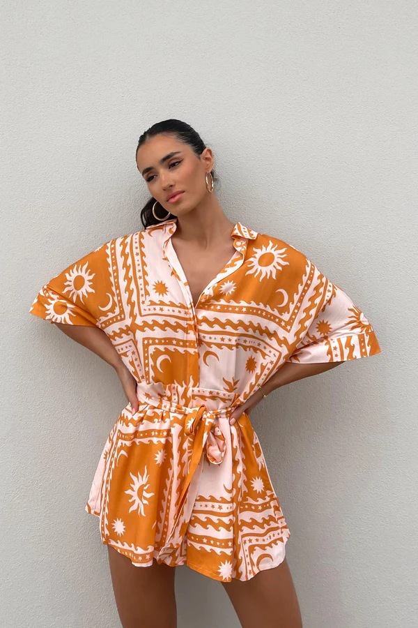 Summer Women Waist Controlled Lace up Geometric Abstract Printed Sexy Jumpsuit Amplified craft