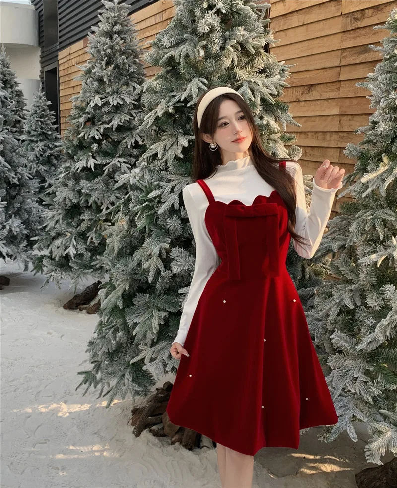 Christmas Two-piece Dress Set Women Solid Sweater A-line Velvet Sleeveless Short Dress Korean Fashion Female Autumn New Outfits