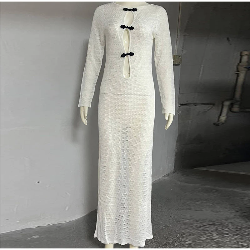Sexy Hollow Out Knitted Maxi Dress Women Long Sleeve O-neck White Black Holiday Dresses Female 2025 Summer Lady Slim Fit Robes