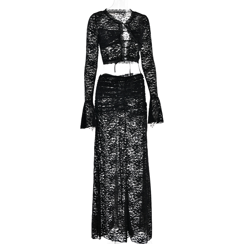 Lace See Through Two Piece Women Sexy Sexy All Match High Waist with Straps Long Skirt Set