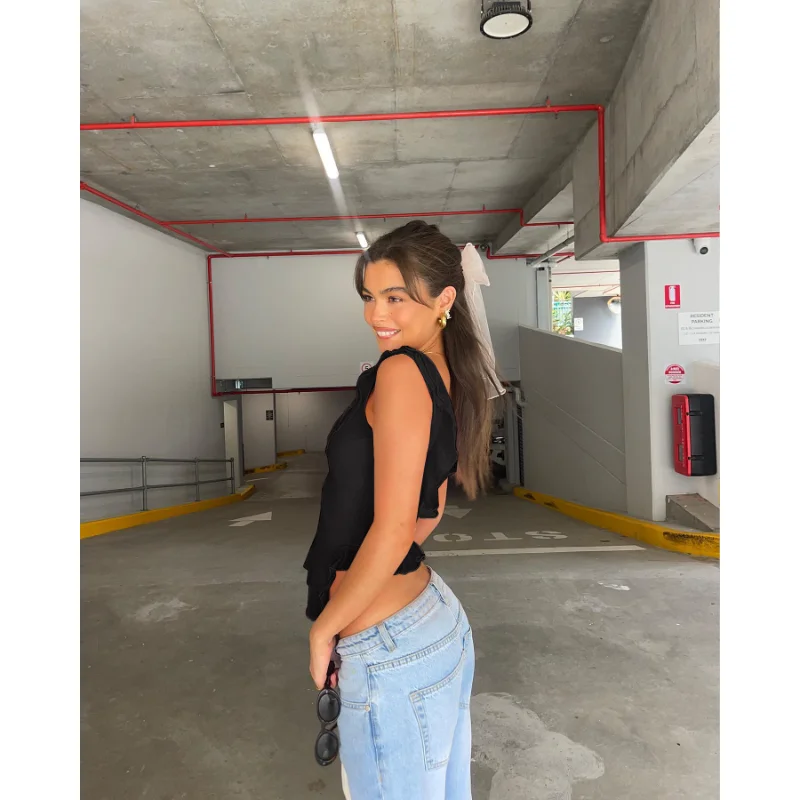 Casual Backless Ruffled Y2k Top Vest Patchwork Strapless High Street Top Fashion Cute Solid Scoop Neck Tank Top Pullover