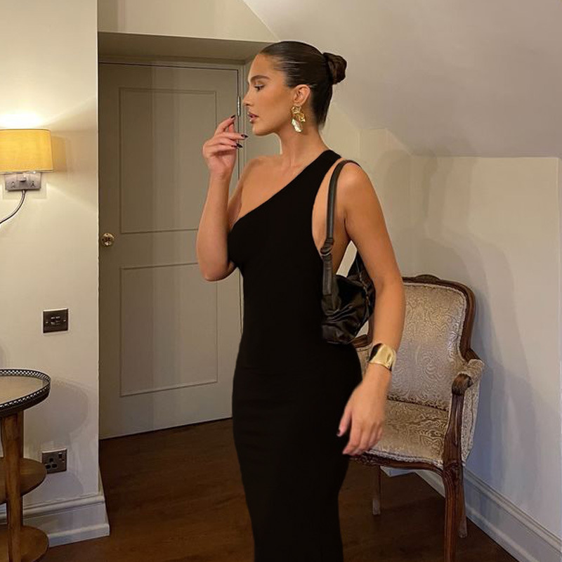 Women Clothing Arrival Sexy Cutout One Shoulder Backless Slim Fit Long Solid Color Sexy Dress Hair