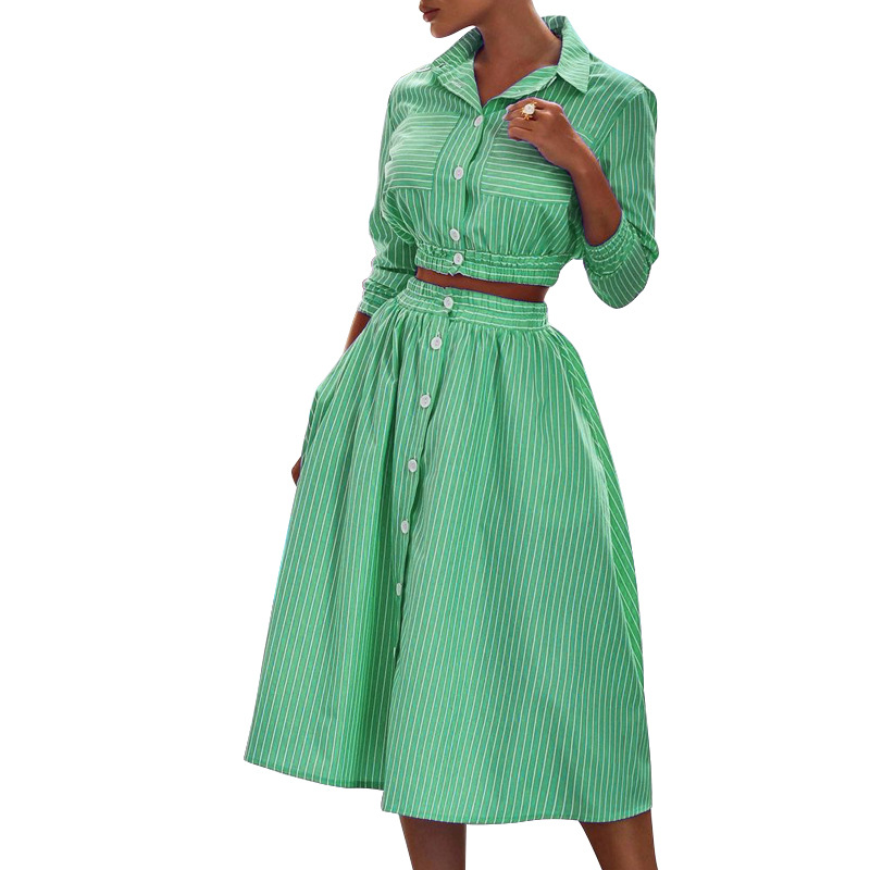 Autumn Winter New Stylish Long Sleeves Striped Shirt Outfit Skirt Two Piece Set