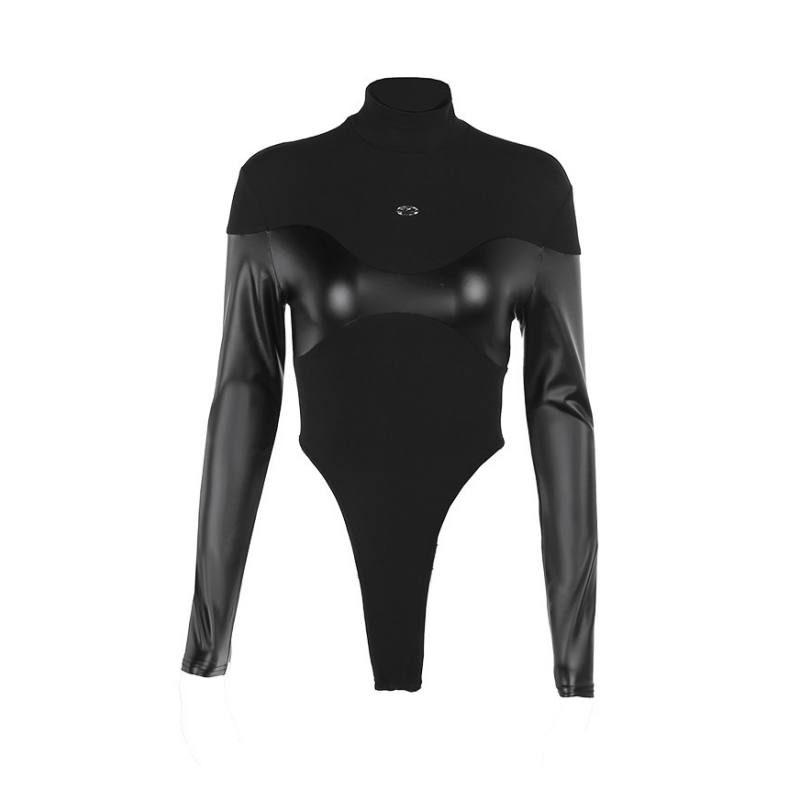 Long Sleeve Bodycon Lenceria Femenina Turtleneck Lingerie Sexy Body Feminino Black Tops Women PU Patchwork One-Pieces Bodysuit