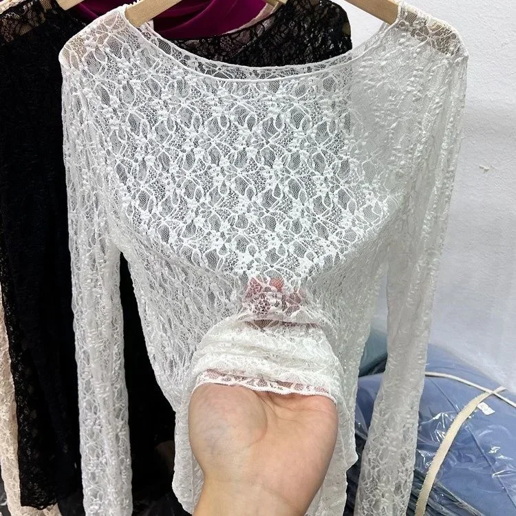 Women Lace Mesh High Collar Bottom T-shirts Female Long Sleeve Autumn Casual Style Tight Thin Tops T-shirts Women Clothes