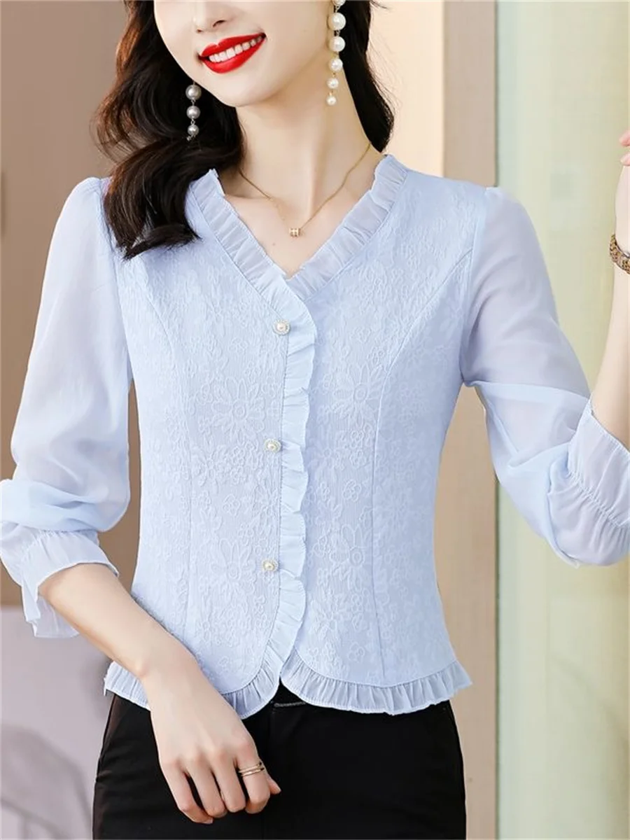 Woman Spring Autumn Style Blouses Shirts Lady Casual Long Sleeve V-Neck Solid Color Blusas Tops DF4615