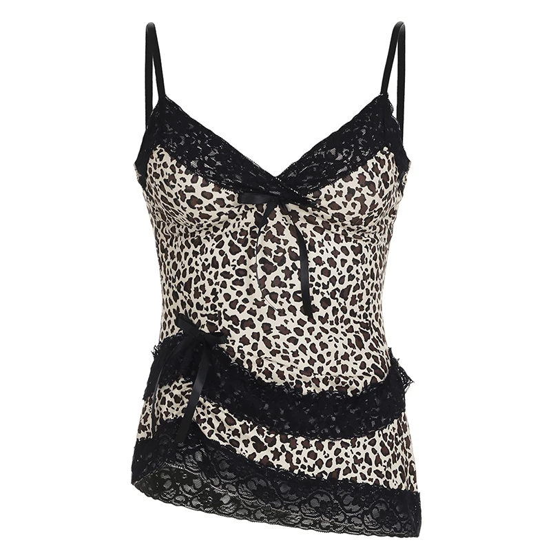 Y2K Streetwear Leopard Lace Patchwork Camis Top Gothic Style V-neck Bow Trim Tank Tops Fashion Aesthetic Vest Girls