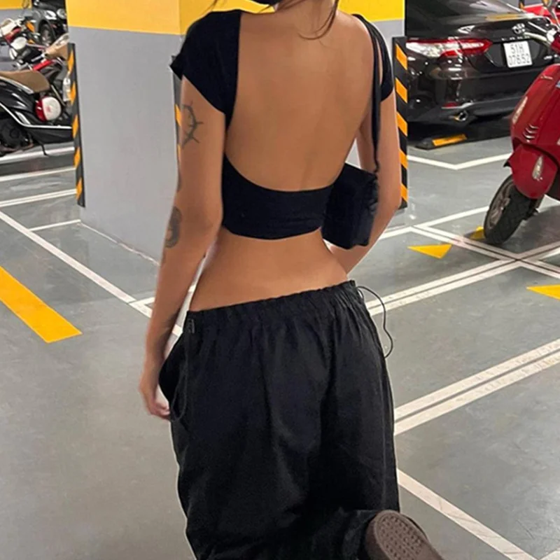 y2k Sexy Backless Crop Top Women Solid Color Round Neck Short Sleeve T Shirt 2000s Baby Tees Skinny Clothes Streetwear