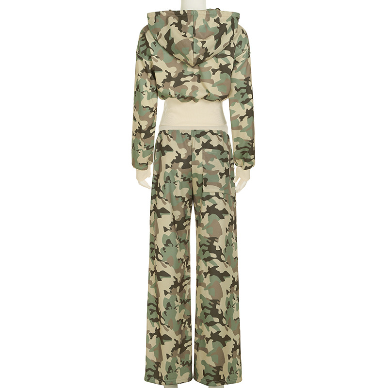 Casual Contrast Color Cinched Hoodie Long Sleeve Sweatshirt Sweatpants Two Piece Camouflage Cardigan Coat Trousers Sets