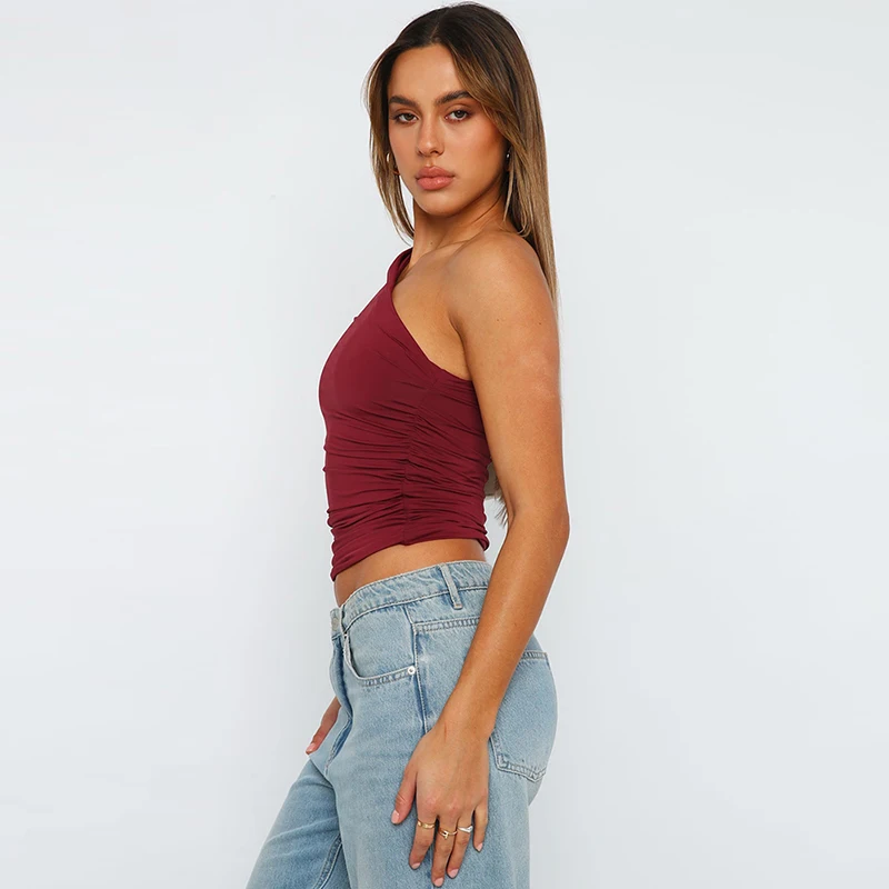 Solid Color One Shoulder Backless Tank Top T-Shirt Candy Color Sleeveless Slim Top
