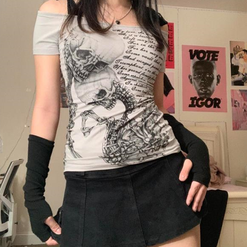 Goth Skull T Shirt 2000s Aesthetic Women Grunge Fairy Core Off Shoulder Short Sleeve Tops Graphic Tee y2k Streetwear