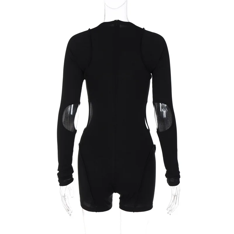 Summer Fashion Slim Solid Colour Playsuit One Piece Casual Round Neck Sleeveless Women's Sexy Hollow Splicing Women Clothing