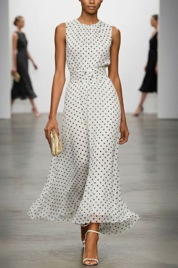 Polka Dot Print Round Neck Sleeveless Pleated Waist Casual Maxi Dress