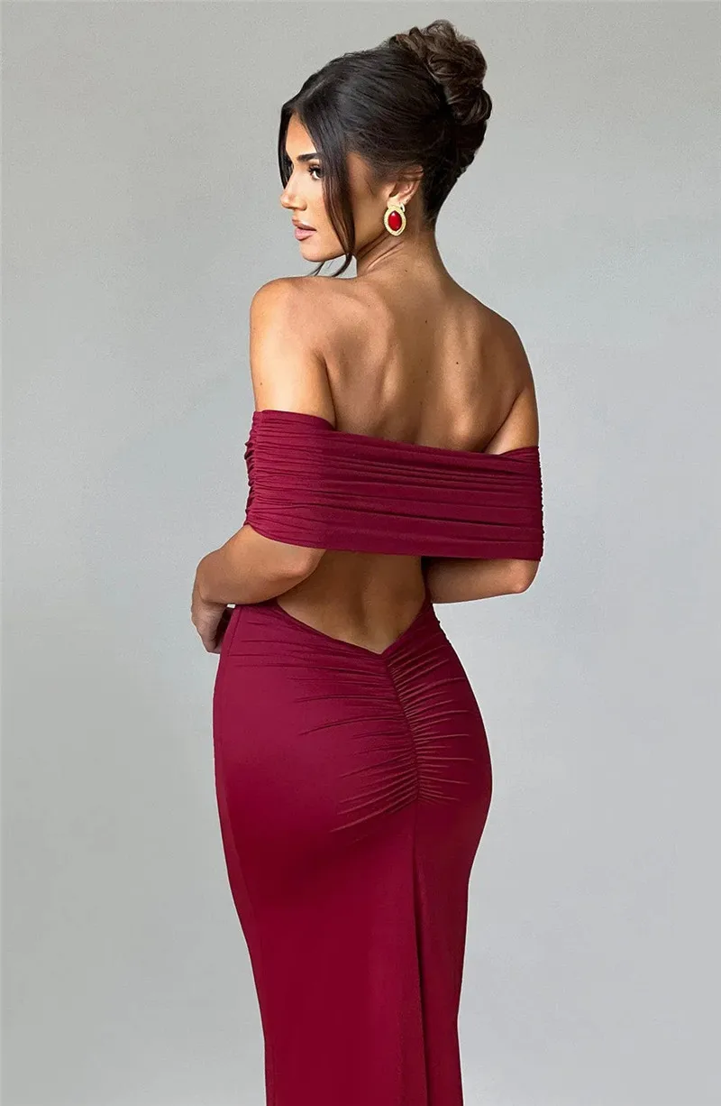Strapless Backless Sexy Maxi Dress For Women Black Solid Off-shoulder Sleeveless Bodycon Club Party Long Dress Elegant