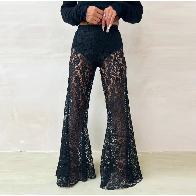 Sexy Lace Sheer Flare Pant Women Hollow Out Lady Vacation Long Trousers Female 2025 Spring Elastic High Waist Streetwear New