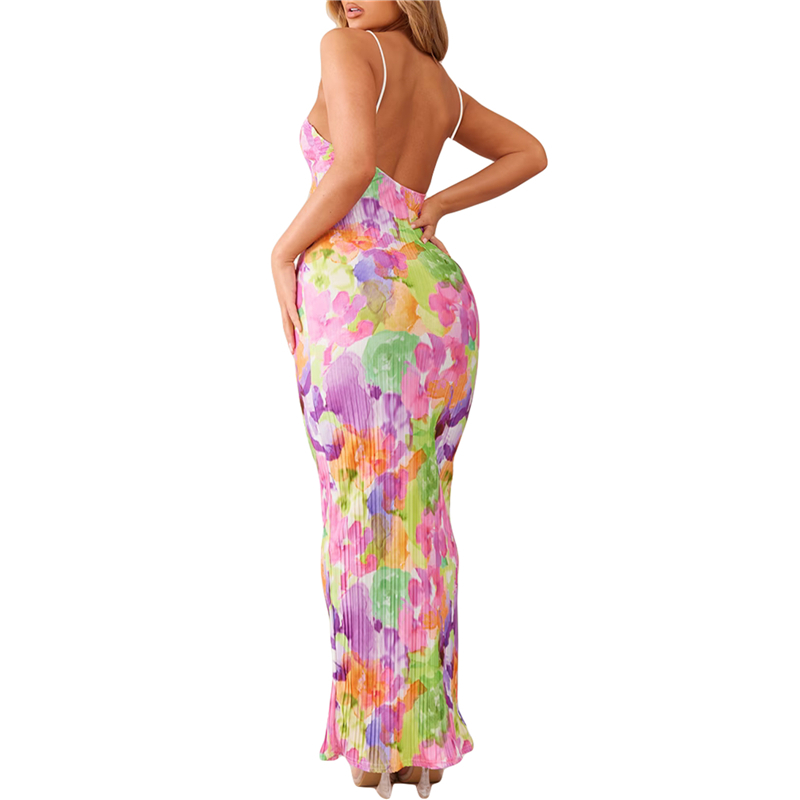 Pleated Dress for Women Floral/Tie Dye Print/Solid Color Spaghetti Strap Sleeveless Dresses Going Out Party Dresses