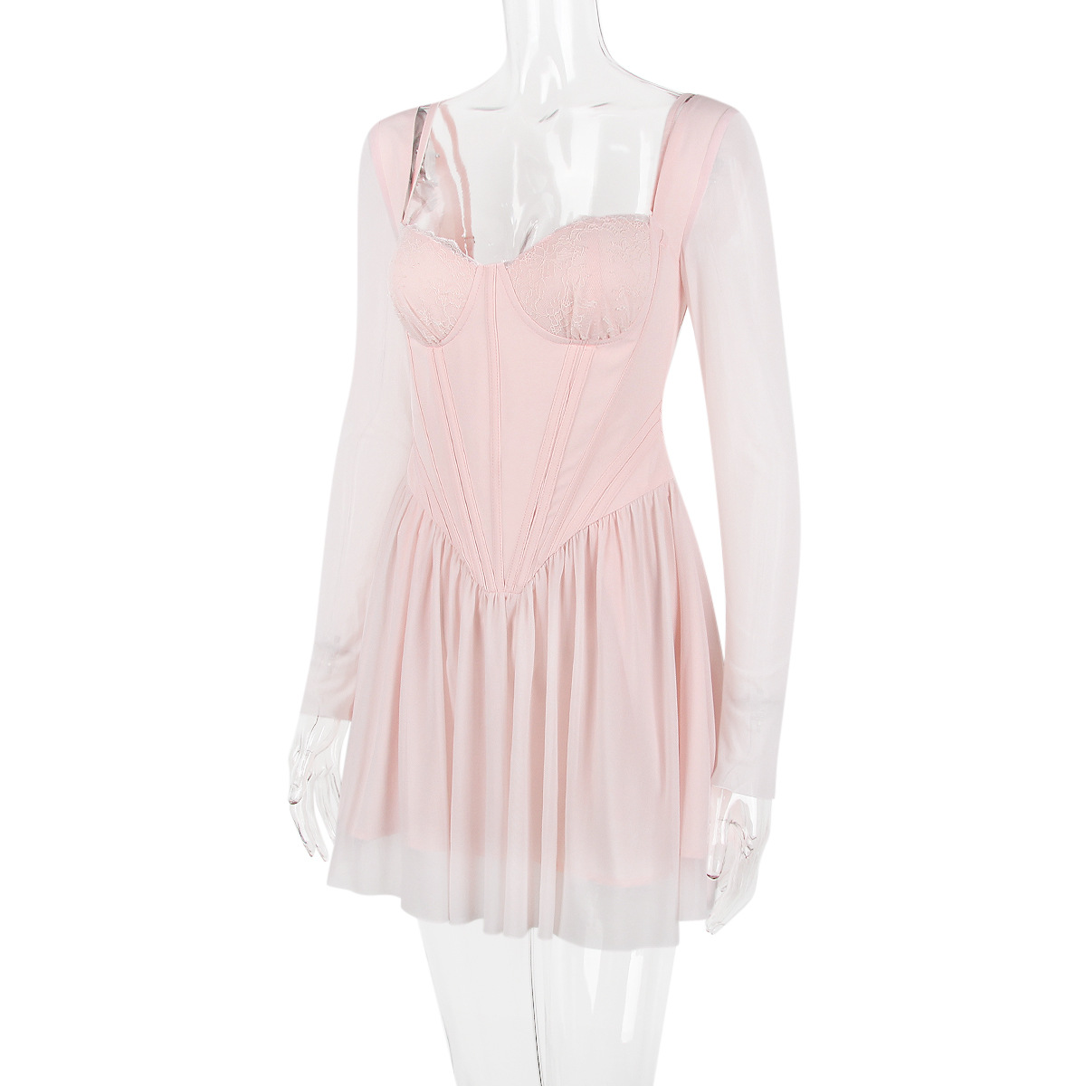 Women Clothing Mesh Long Sleeve Lace Stitching Boning Corset French Dress Barbie Cos Pink