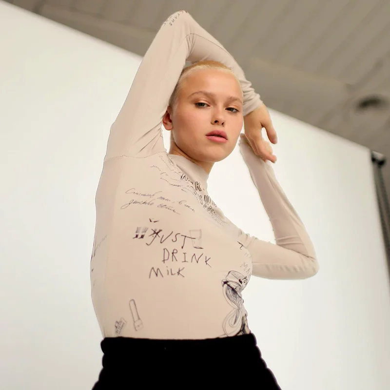 Bodycon Sexy Bodysuit Lingerie Letters Printing Crop Tops Women Y2k Clothes Long Sleeve One-pieces Body Feminino Skinny Bustier
