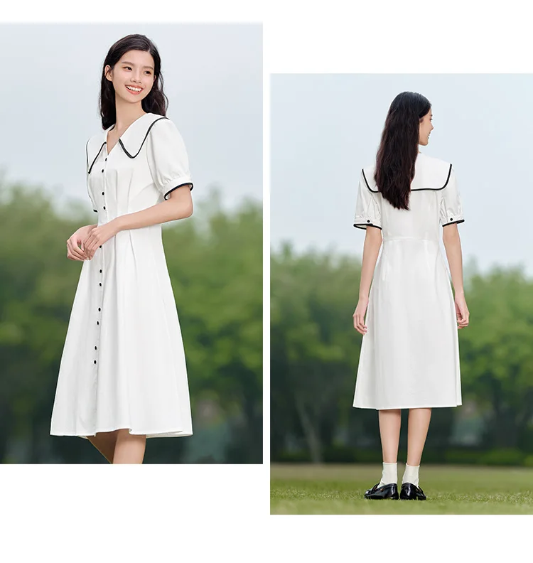 Dress Women Pure Cotton Puff Sleeves Dress Summer New Color-Block Large Lapel Mid-Length Dress College Style