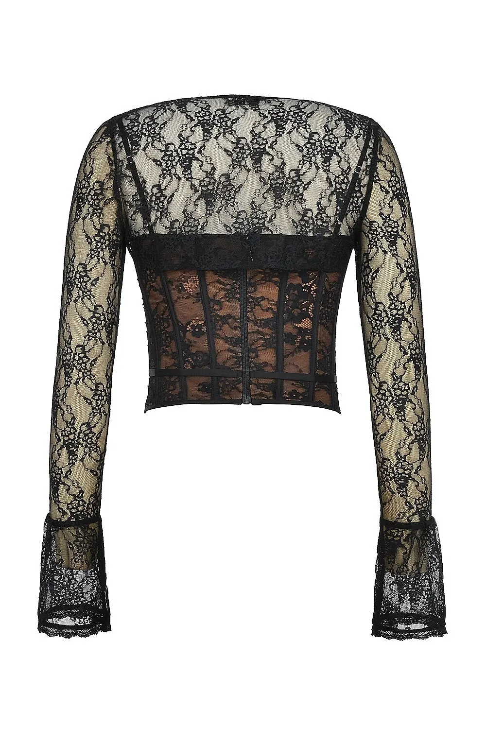 Elegant Lace Printed Patchwork Long Sleeve Hollow Out Women Top Set Sexy Perspective Fishbone Tight Strap Up 2025 Set
