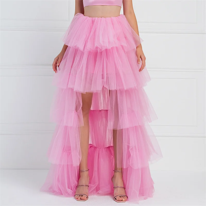 Tulle Skirts Women y2k Solid Color Elastic High Waist Asymmetrical Hem Long Skirts Summer Evening Party Skirt Clubwear