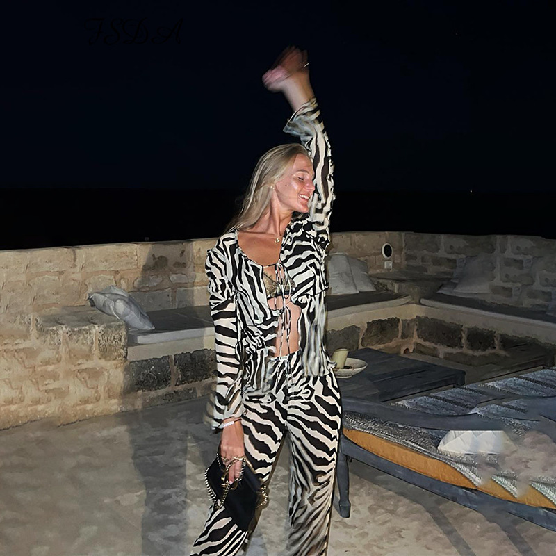 Women Clothing Sexy Drawstring Printed Long Sleeve Shirt Top Casual Bandage Two Piece Pants