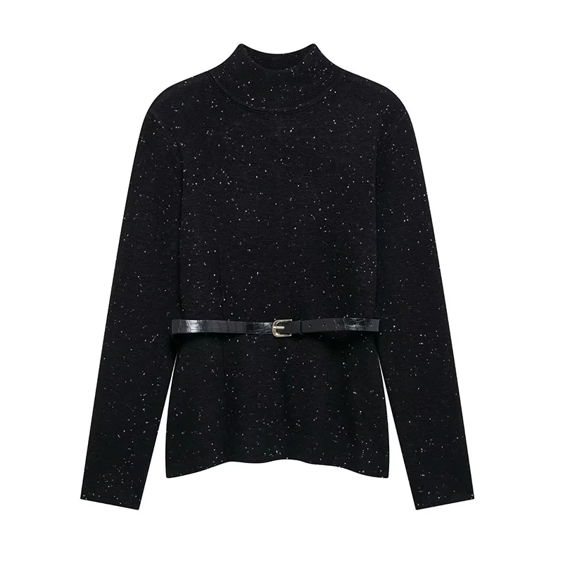 Vintage Black Turtleneck Sweater Pullover For Women With Belt Long Sleeved Loose Knitwear Female Spring Lady Soft Jumper New