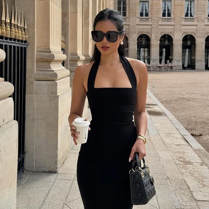 One-Shoulder Bodycon Black Evening Dress For Women Sexy Backless Sleeveless Neck-Mounted Long Party Dress Female Elegant