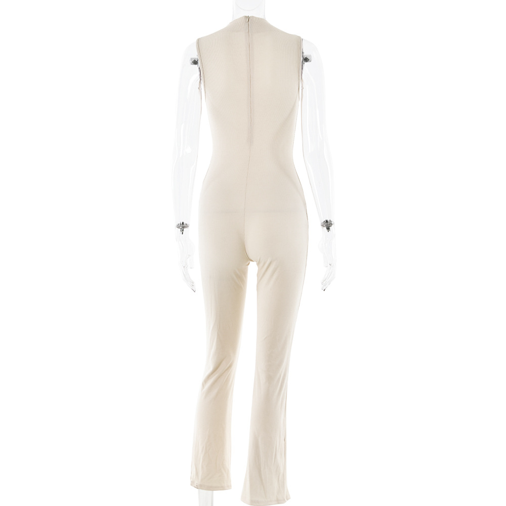 Women Jumpsuit Round Neck Sleeveless Solid Color Bell Bottom Pants Tights Sexy Sexy Sports