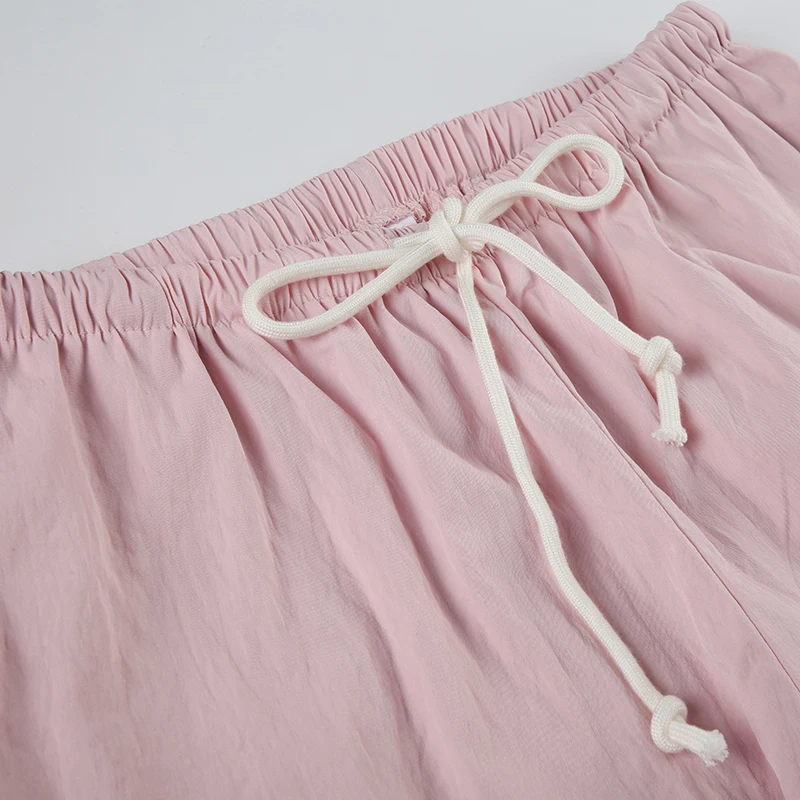 Pink Solid Loose Casual Woven Straight Leg Pants Women Drawstring Low Waist Y2K Baggy Jogging Trousers