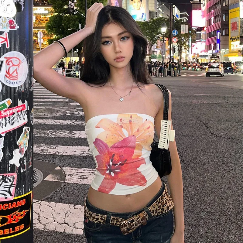 Sexy Floral Print Bustier Short Strapless Top One-Piece Sleeveless Slim-Fit Fashion Tops For Women Casual Neckless Y2k Bra Top