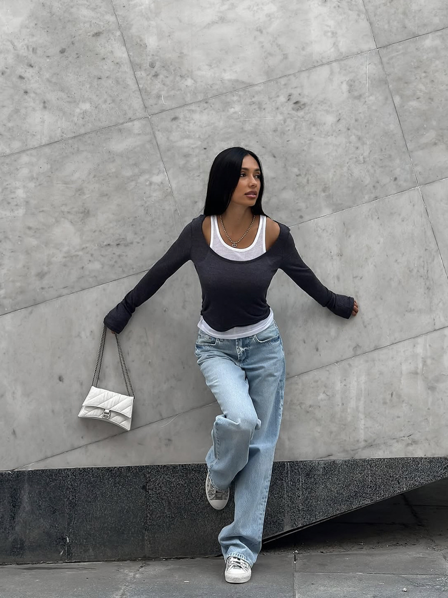 Retro Contrast Colors False Two Piece Long Sleeved T shirt for Women Spring Autumn Slimming Modal Bandage Dress Bottoming Top
