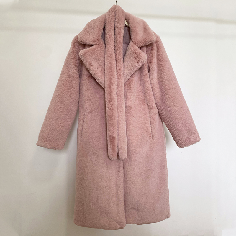 Luxury Winter Long Overcoats Women Oversized Lapel Belted Faux Rabbit Fur Coat Jacket Female Plus Size Outerwear Plush Fur Coats