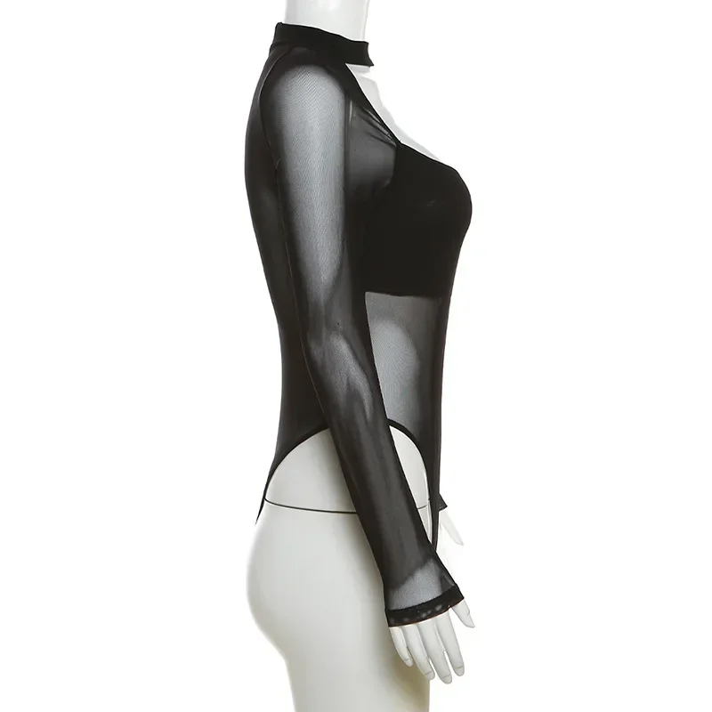 Summer Fashion Solid Colour Sheer Festival Outfit Casual Slim Hollow O-Neck Long Sleeve Lingerie Sexy One-Piece Mesh Bodysuit