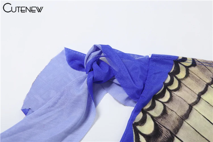 Mesh Women Tops Butterfly Printed Fashion Incline Shoulder Ribbons Sheer Thin Fitness T-shirts Female Summer Street Tees