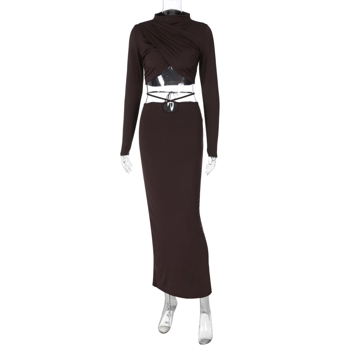 Fall New Skirts Suit Solid Color Long Sleeve Crop Top Twist Ruched Slim Lace Up Sexy Navel Exposed Skirt Matching Sets