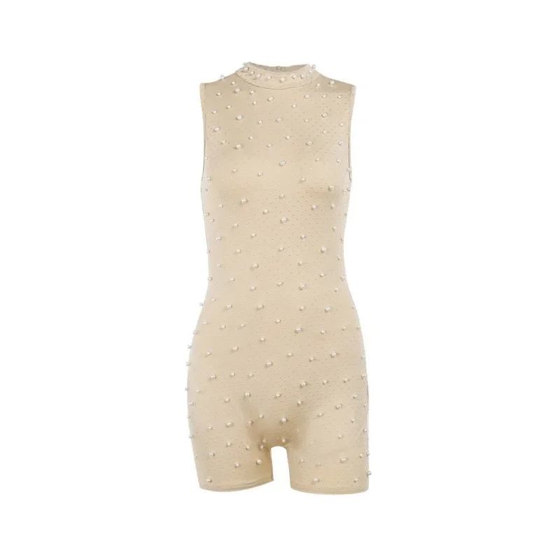 Bodycon Rompers Beading Playsuit Women Y2k Clothes Sleeveless Combinaison Femme Sexy Bodysuits O-Neck One Piece Club Outfit
