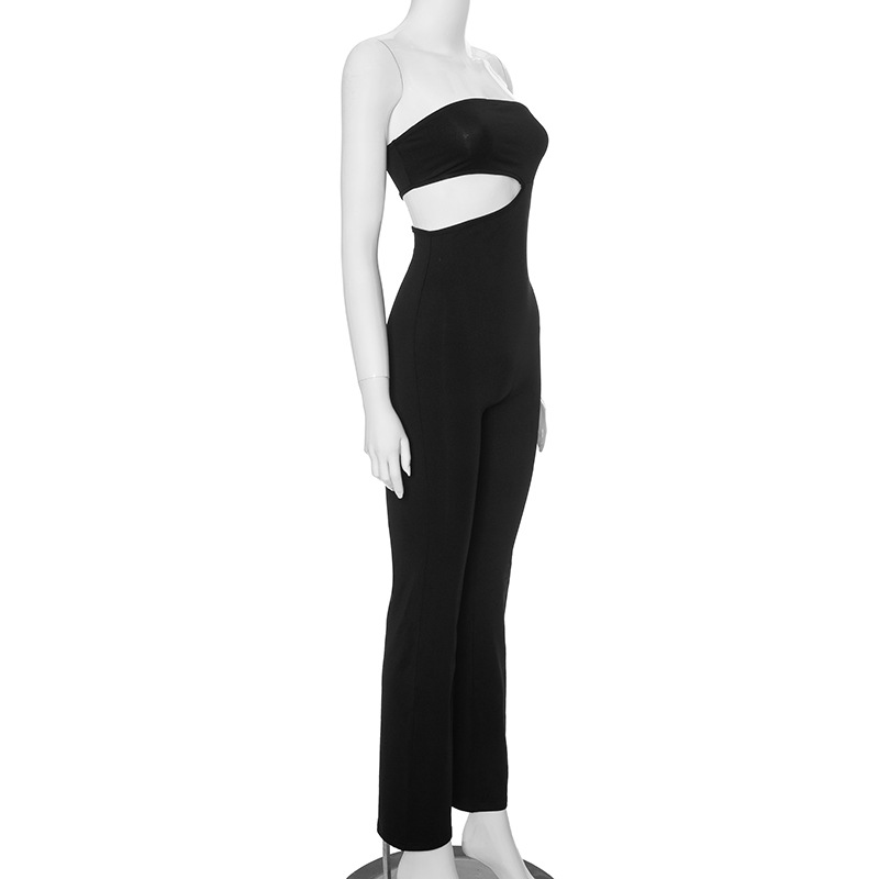 Cash Design Black Tube Top Waist Baring Slim Fit Slimming Long Jumpsuit for Women