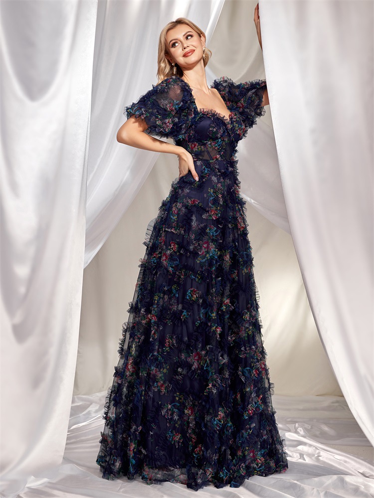 Evening Wear High Grade Floral U Neck Evening Dress Short Sleeve Slim Fit Party Cocktail Dress Women