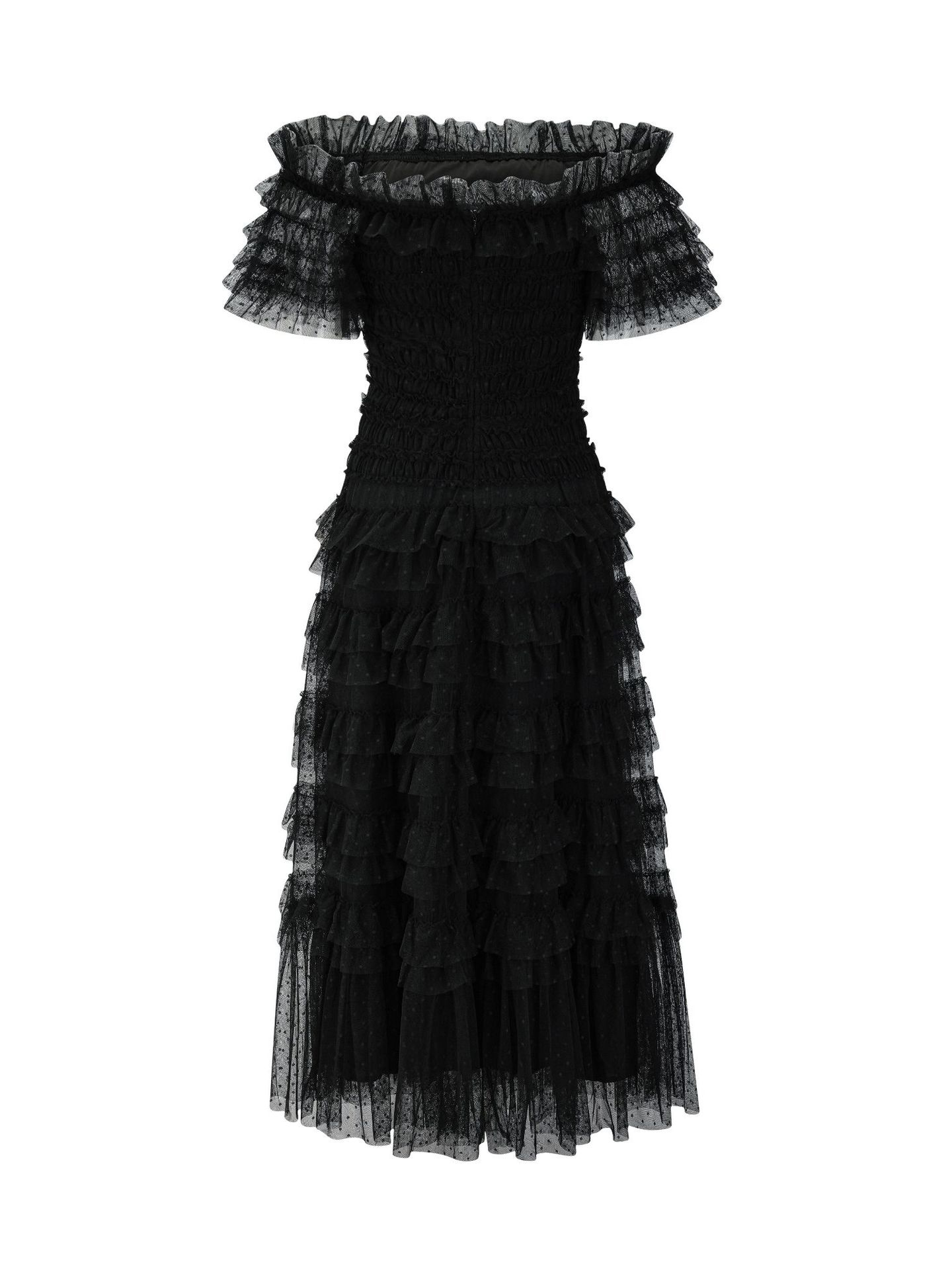 Party Maxi Dresses Embellished Collar Ruffles Polka Dot Sheer Semi Formal Dress